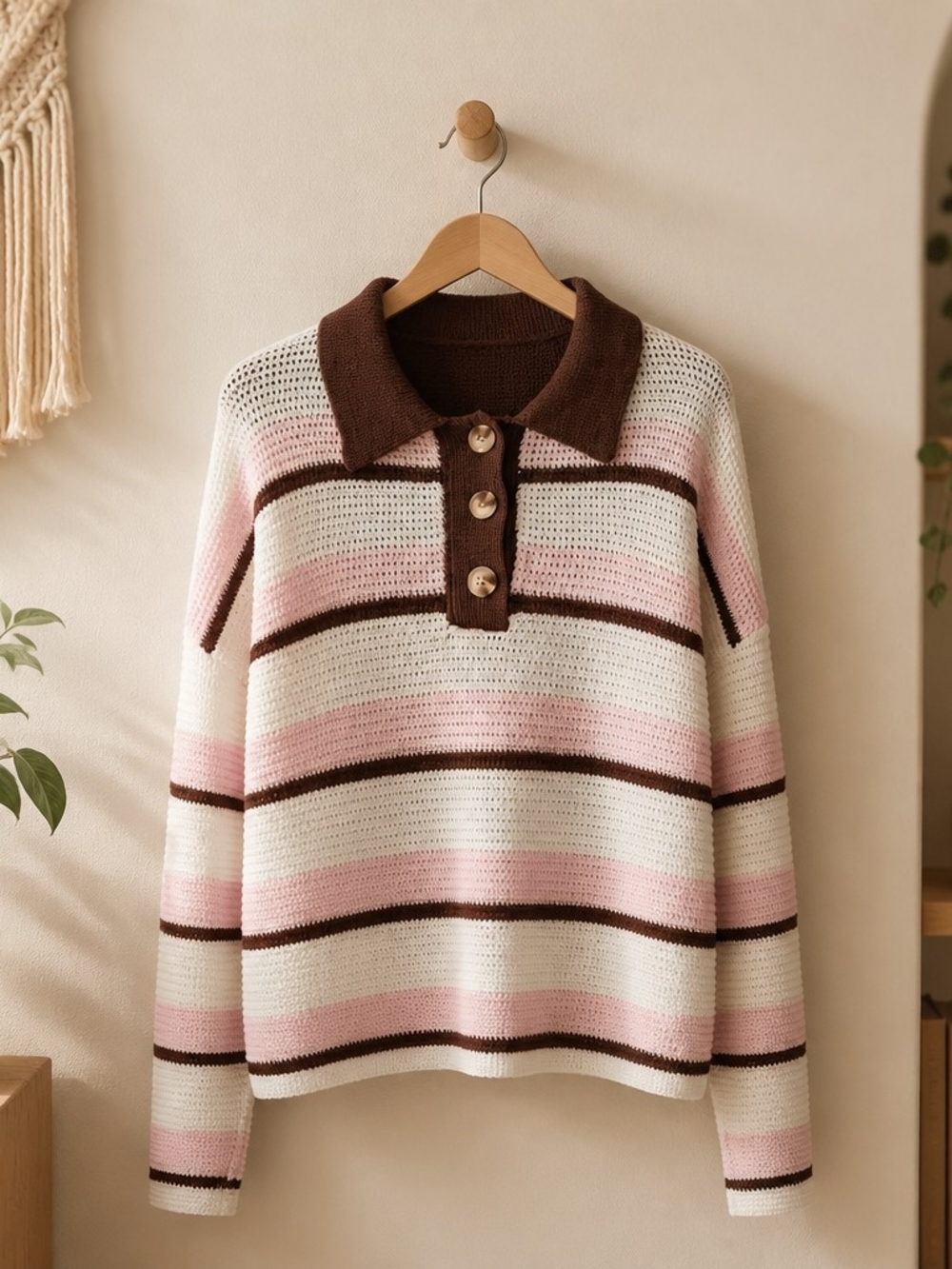 Nordstrom Striped Pink, White & Brown Polo Knit Sweater